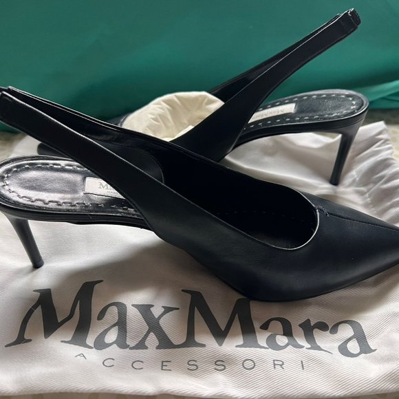 MaxMara Shoes - Max Mara Navy Blue Women's Sally Leather Slingback Pumps Size 7.5
